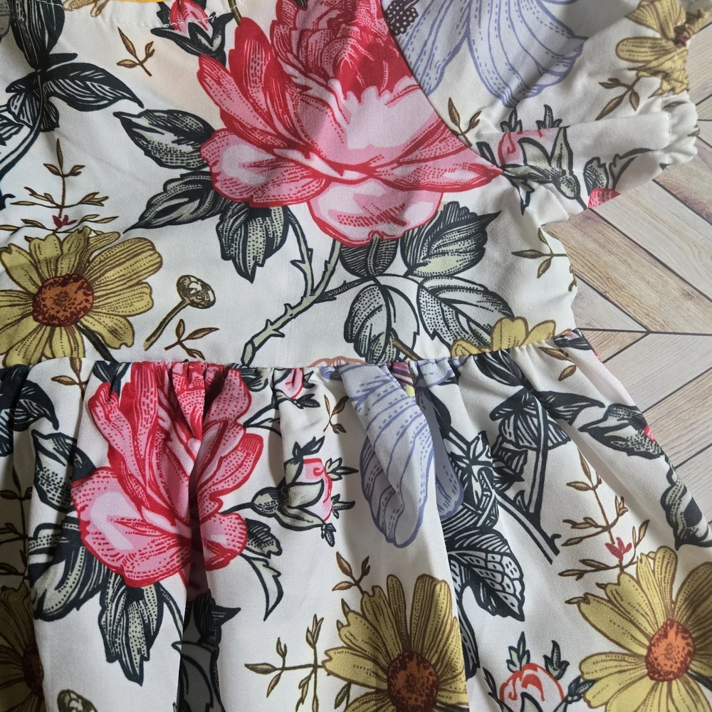 Vintage-Inspired Floral Girl's Dress Boho Garden Party Puff Sleeve Sundress 5-6Y